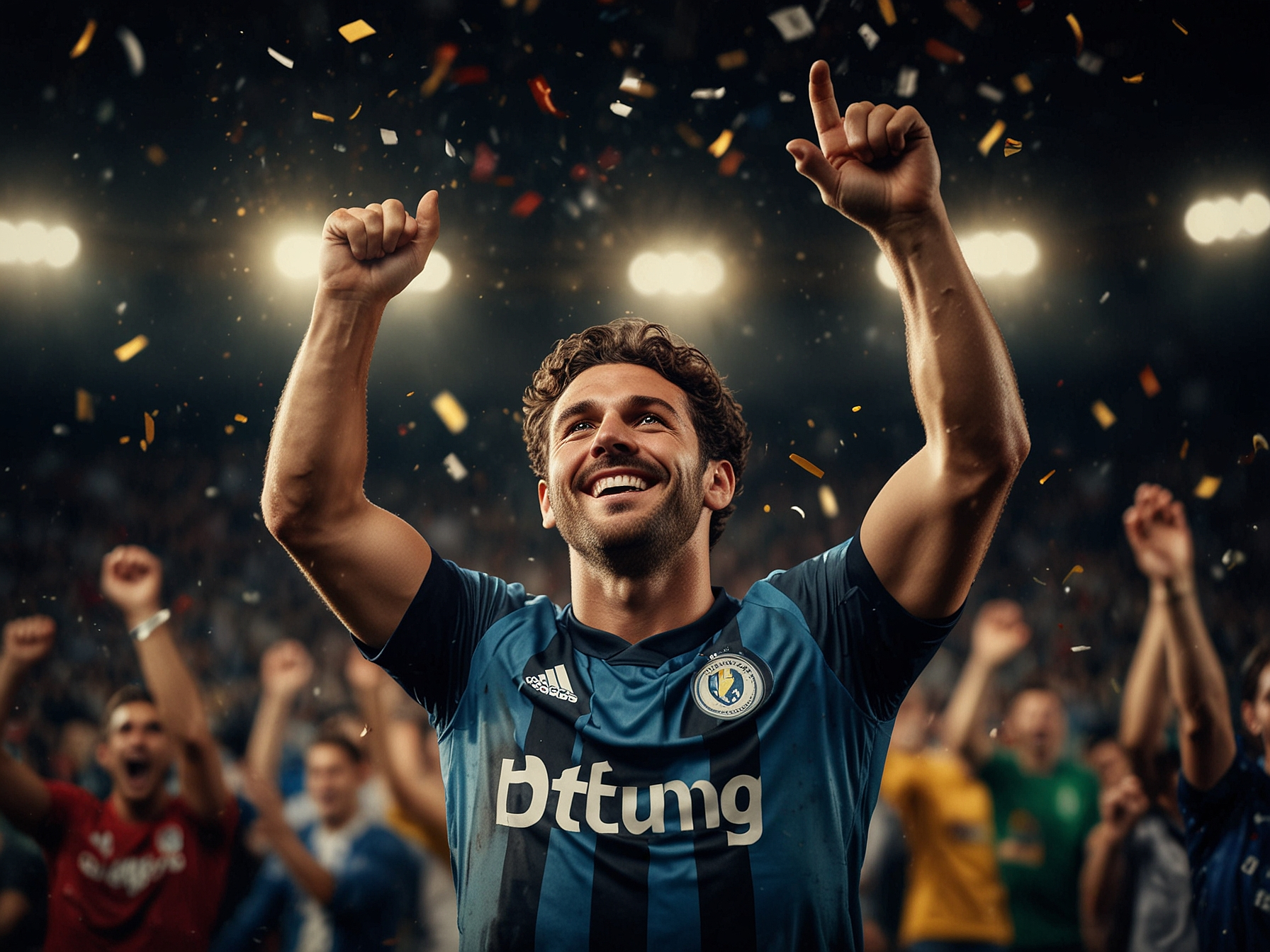 Athlete celebrating a victory with stadium lights